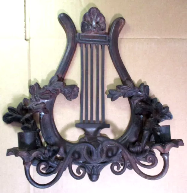 Candle Wall Sconce 2 Arm Lyre Harp w/ Laurel Red Hued Cast Iron 1900s Antique