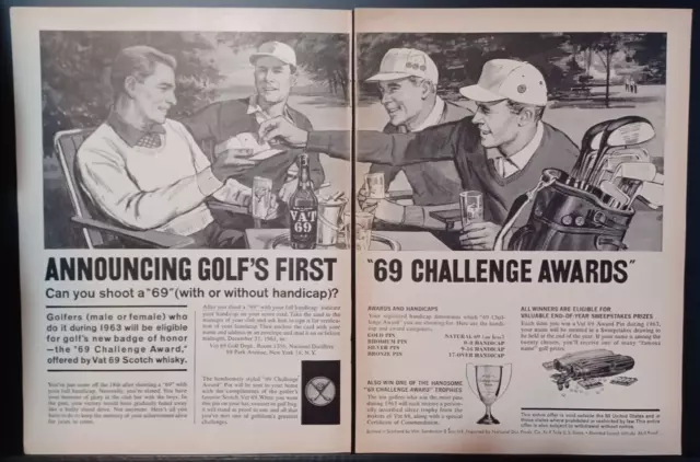 1963 Vat 69 Golf Challenge Award Vintage 2-Page Print Ad 1960s Gold Pin & Trophy