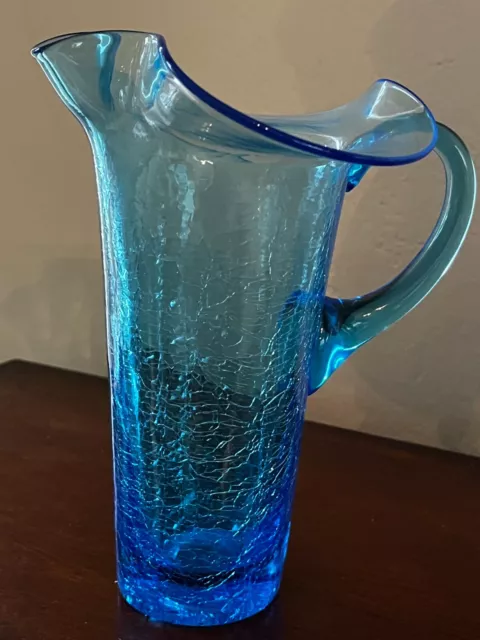 7.5" MCM Blenko Hand Blown Art Crackle Glass Cocktail Martini Pitcher Azure Blue