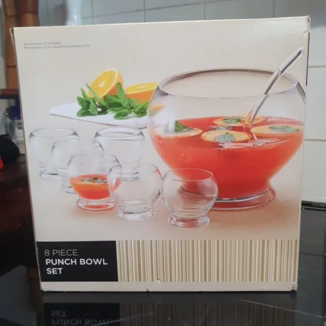 8 Piece Large Party Glass Punch Bowl Set New In Box With Ladle And Glasses