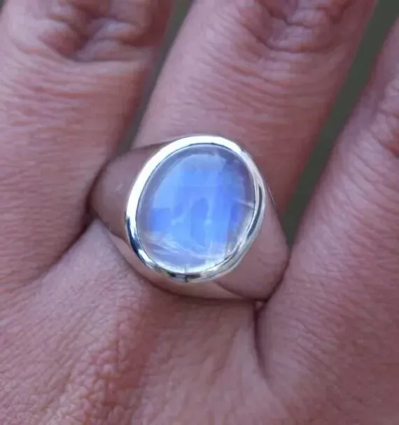Solid 925 Sterling Silver Natural Blue Moonstone Oval Gemstone Mens Unisex Ring