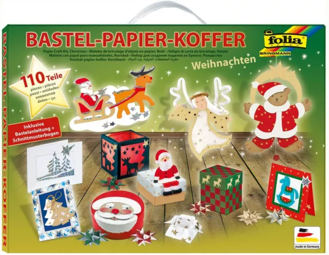 folia 922 - Bastelpapierkoffer Weihnachten, 110 Teile - Kreativset für Kinder un