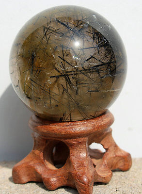 Very Rare Black Tourmaline Quartz Crystal Sphere Ball Healing Specimen+Stand
