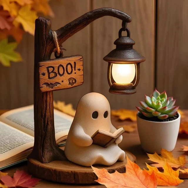 Lampada Notturna A Forma Di Fantasma Che Legge - Decorazione Halloween, Luce Calda, Batteria, 8 Pollici