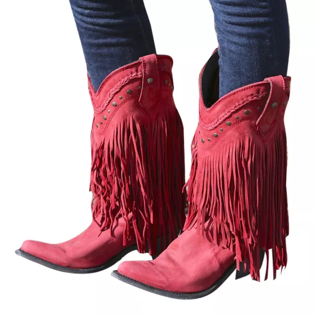 Ladies Pointed Toe Vintage Cowboy Cowgirl Booties Mid Calf Tassel Boots Shoes