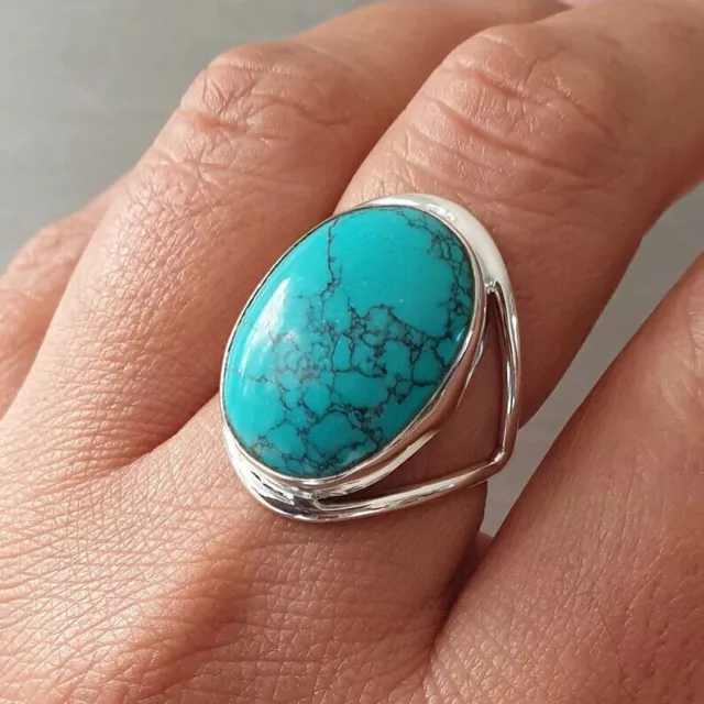 Large Turquoise 925 Sterling Silver Band& Statement Handmade Ring All Size-U-113