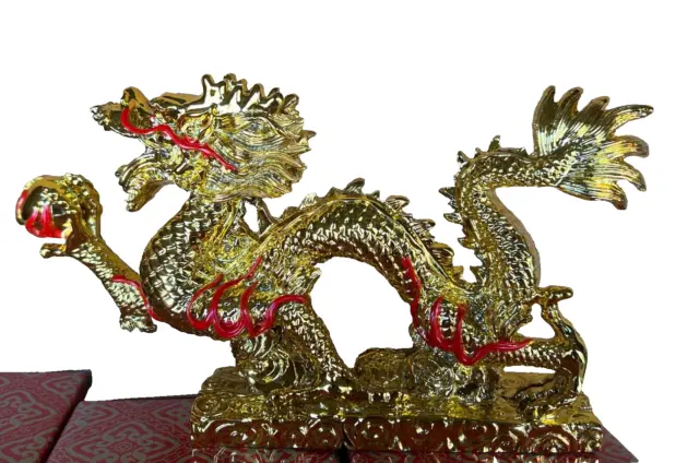 NEW GOLDEN Chinese Feng Shui Dragon Figurine Statue for Luck & Success #Large