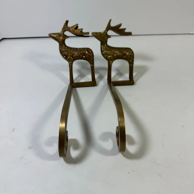 2 Vtg Etched Brass Reindeer Stocking Holder Hook Gold Finish Heavy Christmas Set