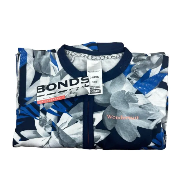 Bonds Zippy Sz 3-6 Months Blue White Grey Floral Print NWT Long Wondersuit