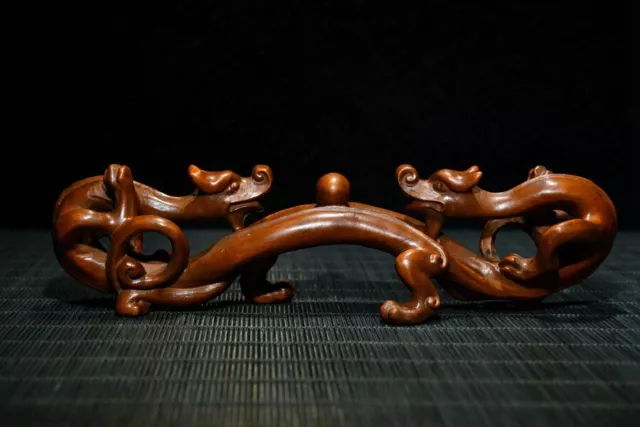 Exquisite Old Chinese boxwood handcarved double dragon pen stand 3218