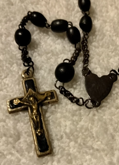 Antique 19th C Rosary Brass Crucifix Wood Beads