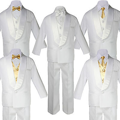 5-7pc BABY White Formal Shawl Lapel Suit Tuxedo MUSTARD Satin Bow Necktie Vest