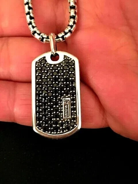 Lab Created 2Ct Black Diamond Men's Dog Tag Pendant 14k White Gold Plated Silver