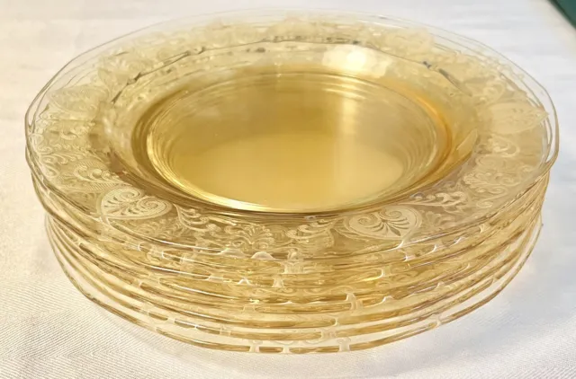 8 Vintage Fostoria Trojan Yellow Depression Glass Plates 8.75” Etched