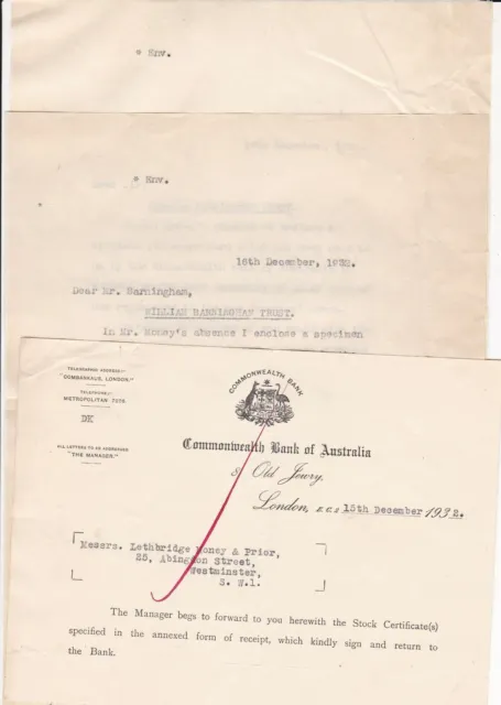 Commonwealth Bank of Australia 1932 Stock Letter & Signature Replys Ref 46420