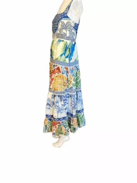 FARM RIO Tropical Garden BLUE MACAW Maxi Tiered Lace Full Skirt Sun DRESS S 2