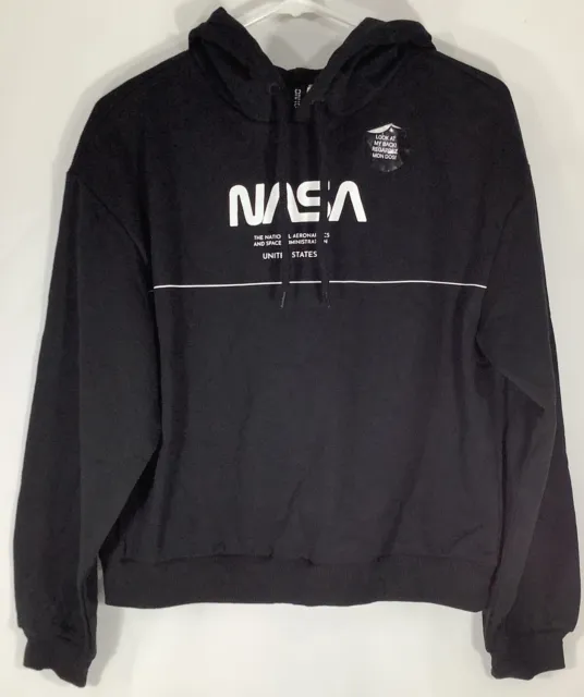 H&M NASA Hoodie Med Pullover Sweater Black Graphic Print Space Aerospace FREE SH