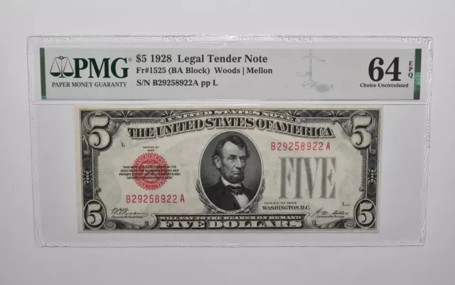 PMG 64 EPQ $5 1928 US Legal Tender Note FR#1525 (BA Block) Red Seal *4722