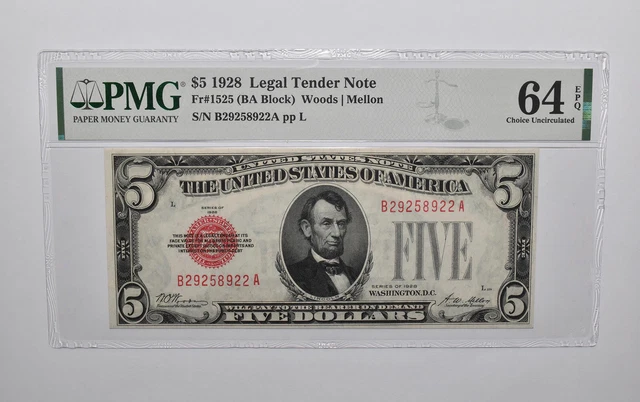 PMG 64 EPQ $5 1928 US Legal Tender Note FR#1525 (BA Block) Red Seal *4722