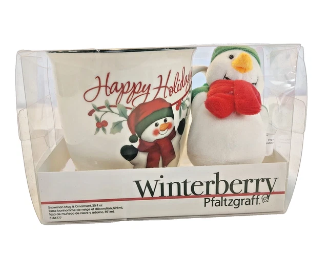 Pfaltzgraff Winterberry 20 oz. Happy Holidays Mug With Snowman Ornament NIB