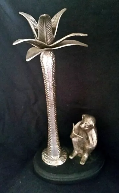 Palm Tree Monkey Reading Book Candle Holder Silver Plate Metal Lacquer Wood Base