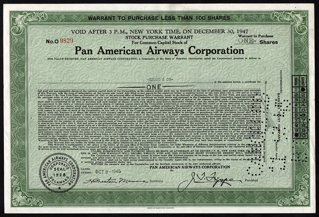 1945 New York: Pan American Airways Corporation - PanAm Warrant