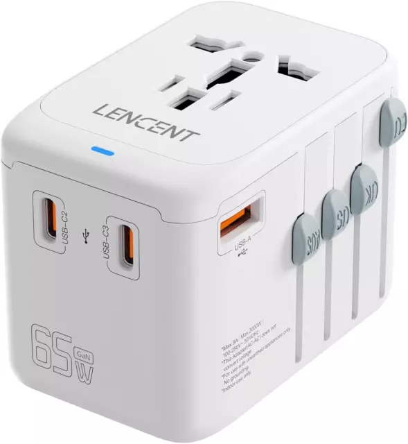 LENCENT International Travel Adapter, Gan III 65W Universal Travel Charger wi...