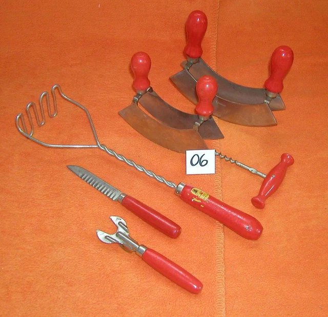 6er Set Holzgriff rot Küchenhelfer Küchengerät alt Küche Wiegemesser Stampfer (6