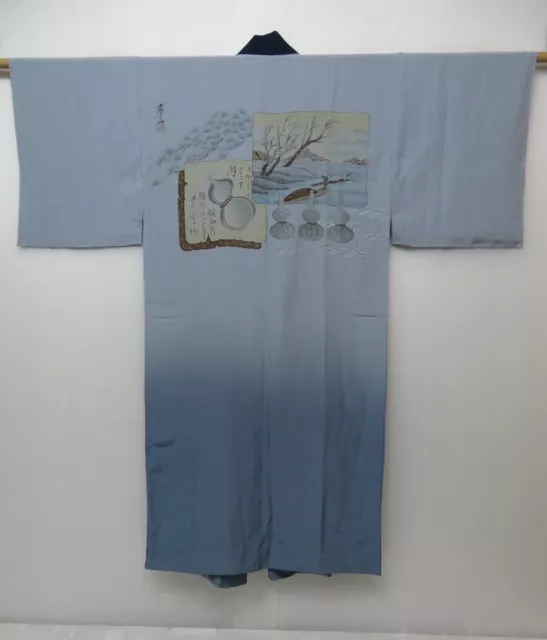 0916T08z540 Japanese Kimono Silk Men's JUBAN Light blue-gray Gourd