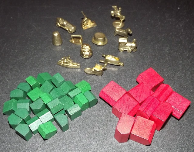 Monopoly Deluxe Edition game tokens pieces (12), wooden houses (28) /hotels (10)