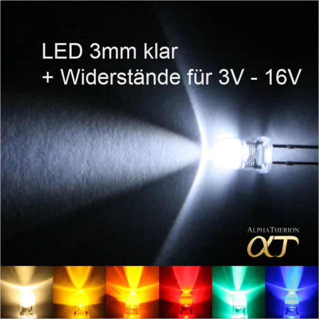 LED 3mm Weiß , Warmweiß , Gelb , Orange , Rot , Grün , Blau + Widerstände 3V-16V