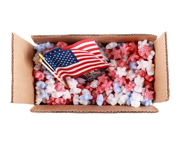 Funpak Packing Peanuts Red White Blue Stars 1.5 Cu Ft Compostable Biodegradable