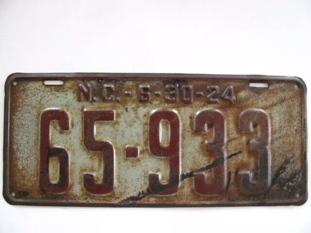 1924 North Carolina Nc License Plate Tag, 65-933   Original, Vintage, Used