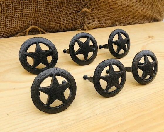 6 Cast Iron Star Drawer Pull Knob Handles Cabinet 2 1/2" Western Decor Bin Texas