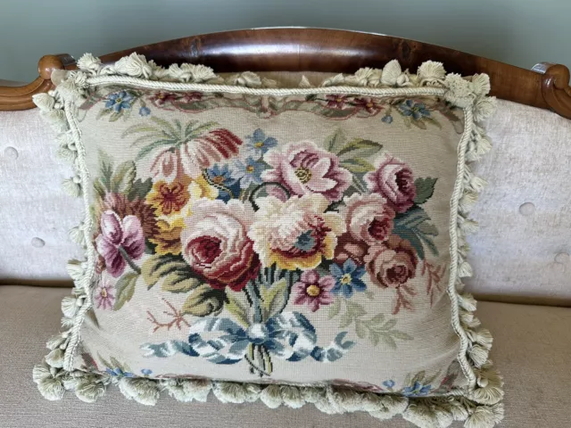 NeedlePoint Pillow Tassels Roses Floral Bouquet Blue Ribbon Down Feather Vintage