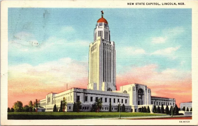 New State Capitol Lincoln Nebraska Linen Wob Note Bertram Goldhue Postcard