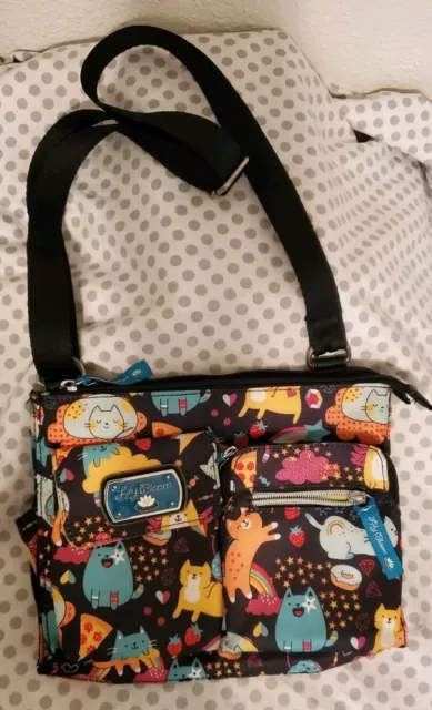 Lily Bloom Cats Yarn Crossbody Bag 3 Zip Pockets Adjust Strap Lightweight EUC