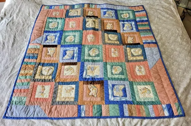 Vint Baby Quilt Handmade Embroidered Signed GEG 2001 Rabbits Bunnies 47" x 51"