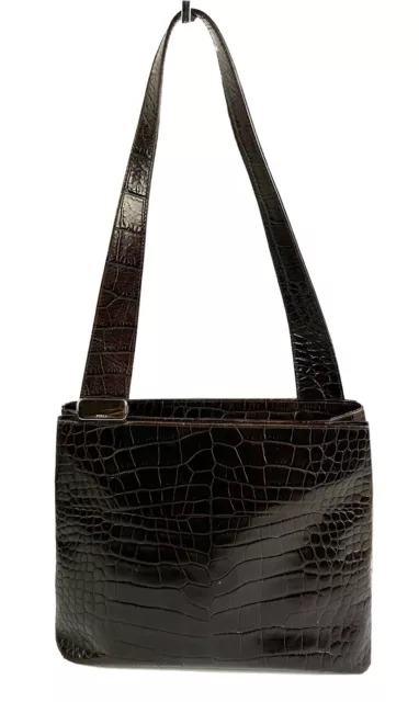 Furla Handbag Vintage Genuine Leather Croc Embossed Brown Shoulder Bag Purse