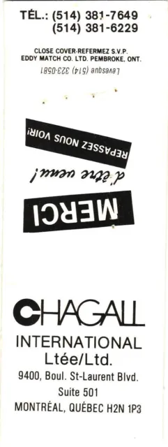 Chagall International Ltd., Montreal, Quebec, Canada Vintage Matchbook Cover