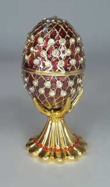 Red Enameled Bejeweled  Style Egg Trinket Box, Unopened with Stand  Imperial