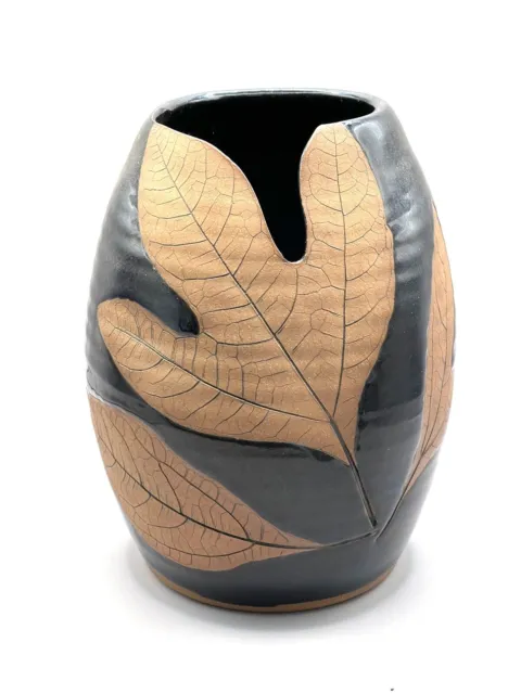 Suki Meyer Studio Art Pottery Vase Leaf Design Signed Suki