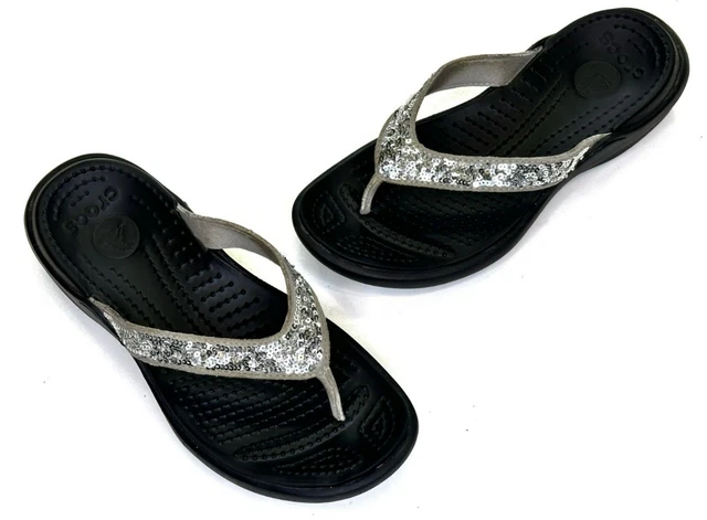 Crocs Capri Silver Sequins Flip Flop Sandals Women's Size 6W Black Sole Thong