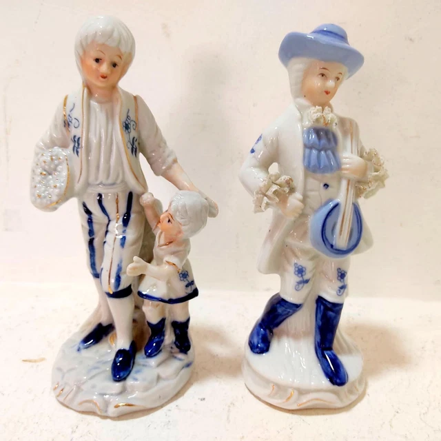 PAIR 2 PORCELAIN Victorian Figurines Colonial Couple Blue White Made