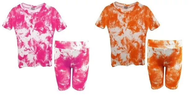 Girls Pink Tie Dye Hippy Cycling Shorts Top Set Outfit Age 5 6 7 8 9 10 11 12 13