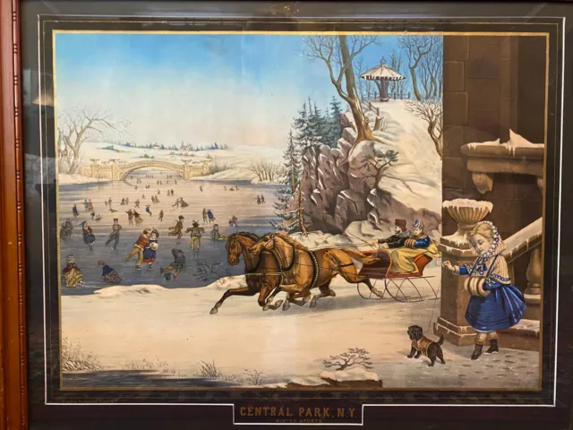 Henry Schile c. 1874 orig. litho Central Park NY Winter Sports Skating Christmas