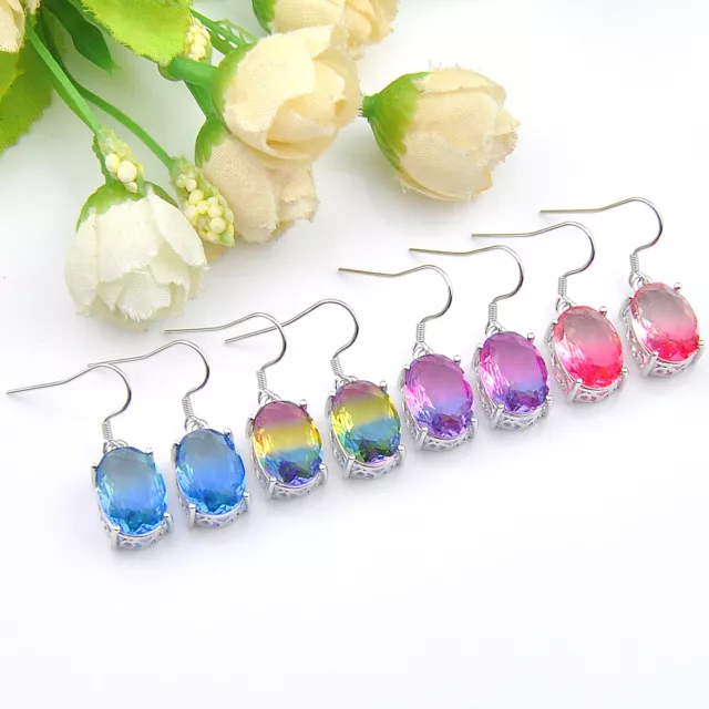 Handmade 4 pcs 1 Lot Bi-Color Tourmaline Gems Silver Dangle Hook Earrings Set