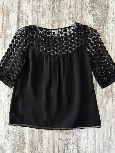 JENNIFER LOPEZ Women's Size XS Black Chiffon Lace Neck/Shoulder/Sleeve Blouse