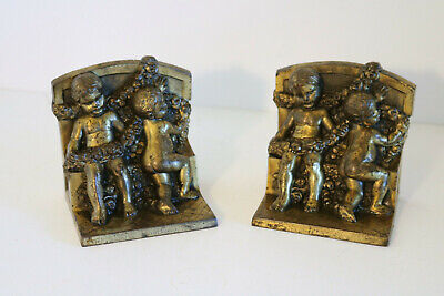 Kronheim & Oldenbusch K&O Cherubs Rose Garland Antique Bronze Pair of Bookends