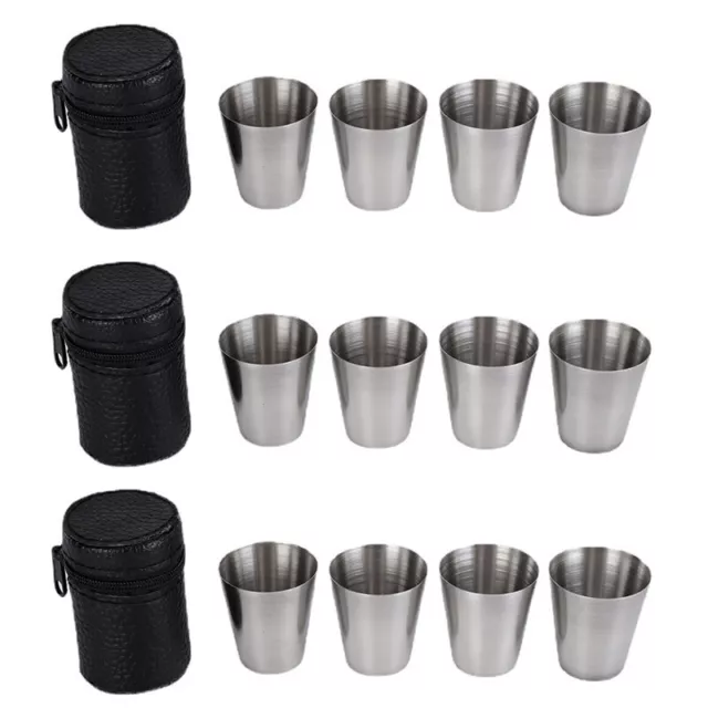 12PCS Hip Flask Cups Stainless Steel Shot Glasses Metal Cups w/Leather Bag